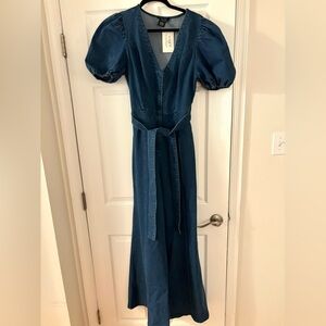 NWT Denim Puff--Sleeved, Belted Jumpsuit